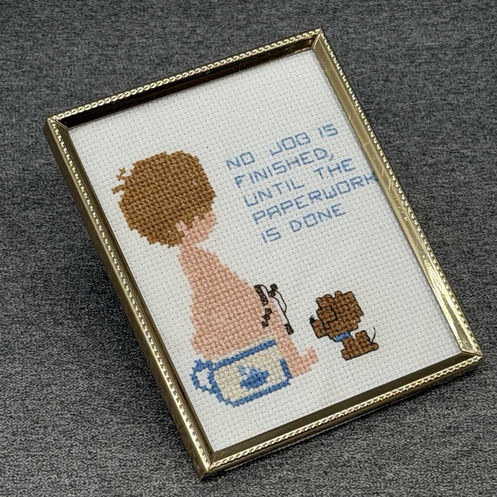 Old Framed Mini Cross Stitch Bathroom No Job Is Finished Until Paperwork Is Done